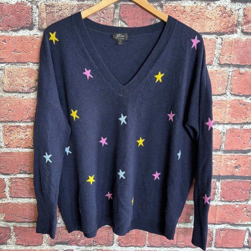 J Crew Cashmere V-Neck Boyfriend Sweater Women’s Medium Oversized Navy Stars